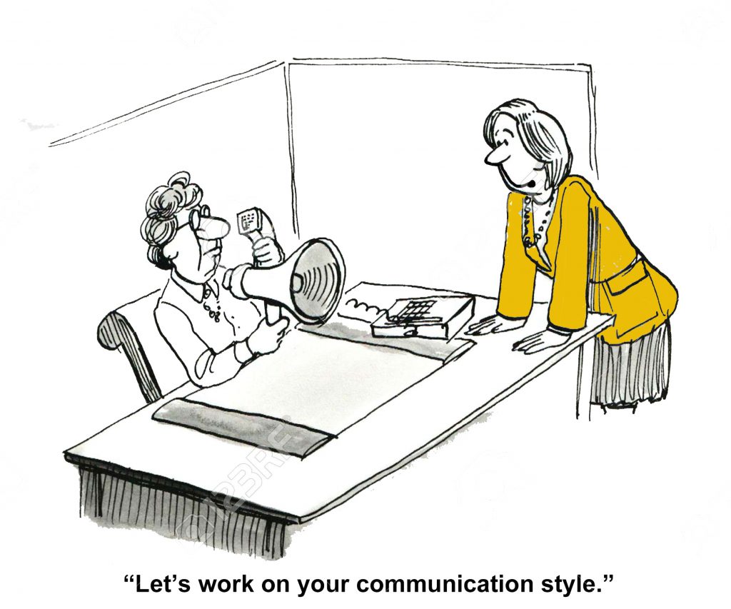 36809010-Cartoon-of-brash-communicator-business-coworker-says-let-us-talk-about-your-communication-style--Stock-Photo